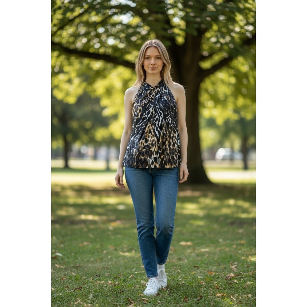 Trina Turk Mixed Animal Print Halter Top Crossover‎ Neck Brown Silk M
